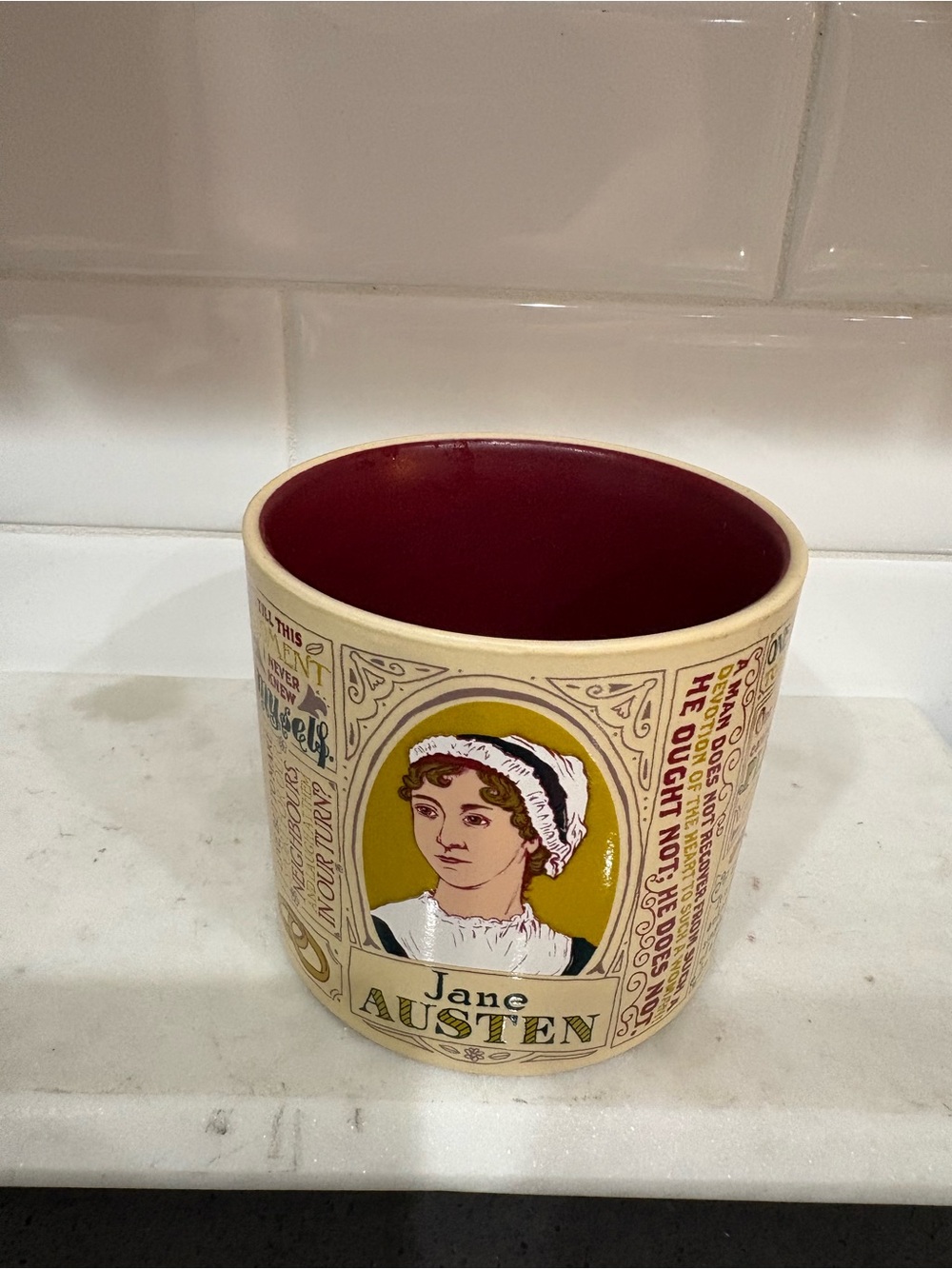 Jane Austen Quotes Ceramic Coffee Mug - Cream Exterior with Burgundy Interior